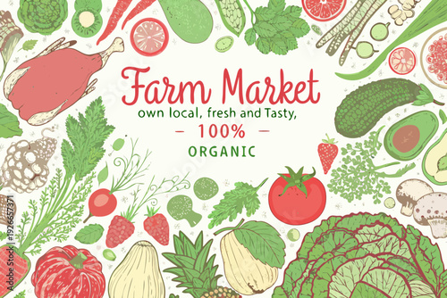 Colorful illustration of fresh produce a roasted chicken and a farm market sign