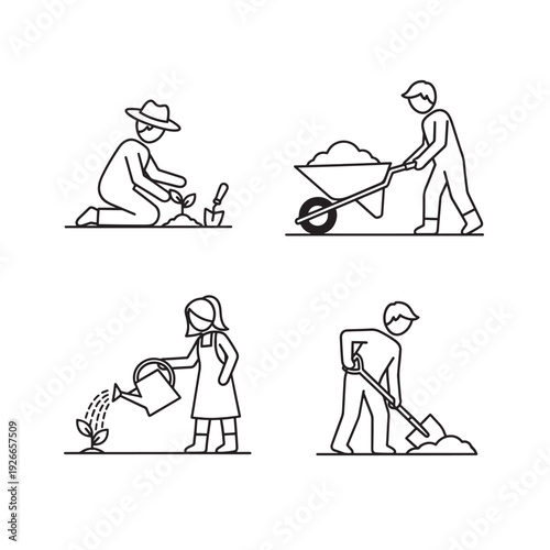 Gardening activities illustration set with simple line drawings.