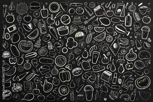 Chalkboard illustration featuring a diverse collection of food and drink items