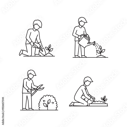 Gardener planting and nurturing young plants in various stages.