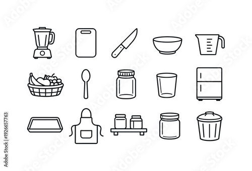 Home smoothie preparation corner: blender, cutting board, kitchen knife, mixing bowl, measuring cup, fruit basket, spoon, glass jar, drinking glass
