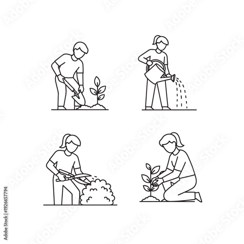 Line art illustrations depicting various gardening activities such as planting, watering, pruning, and tending to plants.