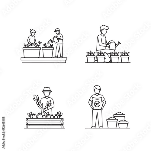 Gardening activities illustrations set.