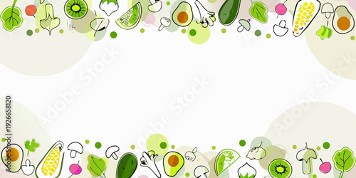 Colorful illustration of various fruits and vegetables arranged as a border