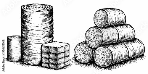 Vintage illustration of stacked hay bales in a monochrome style