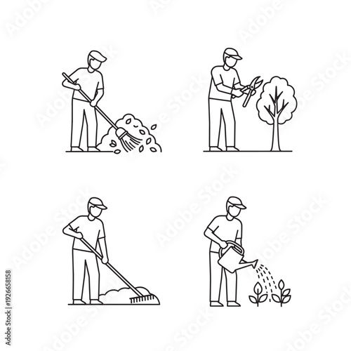 Man gardening with various tools and plants.