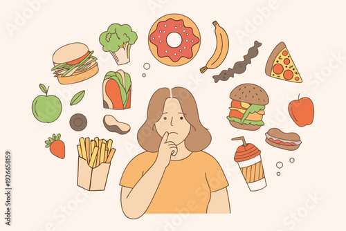 Woman contemplating various food choices including sweets and savory options