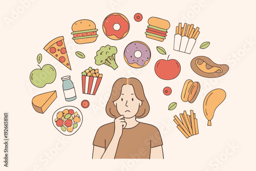 Woman contemplates a variety of foods facing a difficult dietary decision