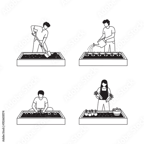 Illustration of people gardening and harvesting crops in raised beds.