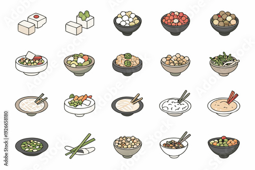 Assorted japanese food icons sushi ramen rice and various side dishes