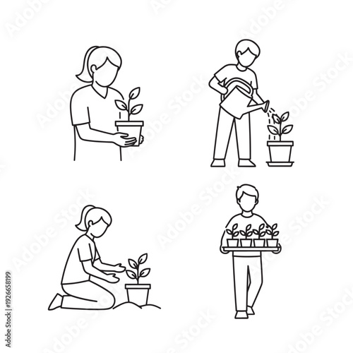 People Engaging in Various Gardening Activities with Plants.