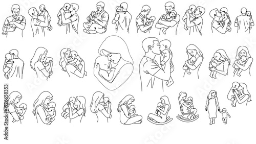 Loving father and caring mom expressing deep love through warm family bonding moments with happy children in playful line art collection.