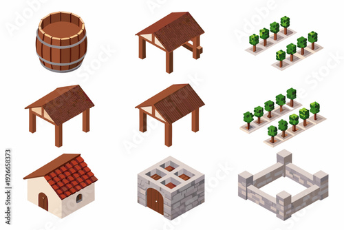 Isometric farm elements including a barrel buildings and crop fields