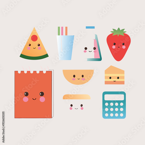 Cute kawaii stationery and fruit icons arranged on a light background