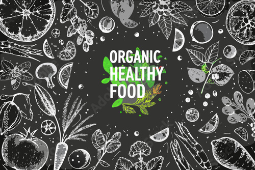 Detailed botanical illustration featuring citrus fruits leaves and vegetables