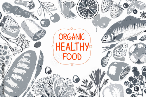 A bountiful arrangement of organic healthy food illustrations in grayscale