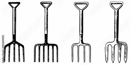 Four vintage gardening forks displayed in a simple illustrative style