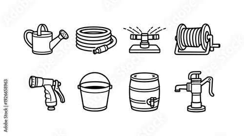 Garden watering tools: watering can, garden hose, sprinkler, hose reel, spray nozzle, rain barrel, bucket, water pump