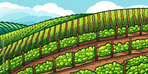 A vibrant illustration of a lush vineyard on a sunny hillside
