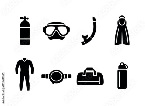 Diving equipment: scuba tank, diving mask, snorkel, fin, wetsuit, diving regulator, gear bag, water bottle