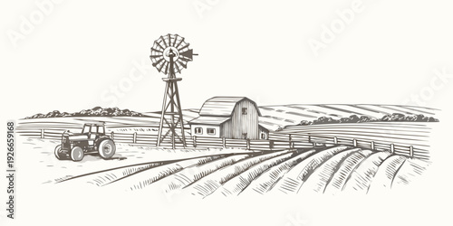 Vintage farm scene with a windmill barn and tractor in a field