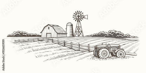 Vintage farm scene featuring a barn windmill and classic tractor illustration