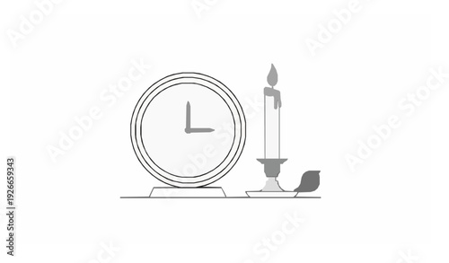 Minimalist Vintage Clock and Lit Candlestick Vector