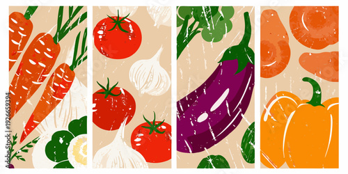 Colorful illustration of fresh vegetables arranged in vertical panels