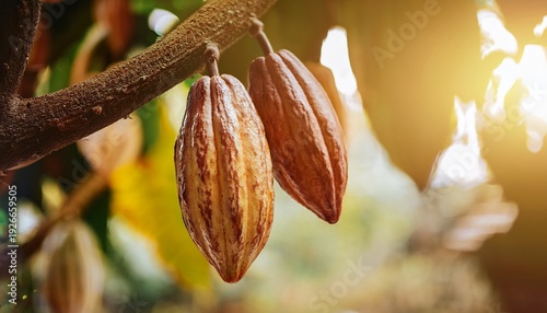 A close-up of cacao pods hanging from a tree branch, glistening under natural sunlight 3