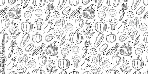 A seamless pattern of hand drawn vegetables and produce in black and white