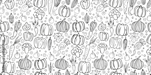 A seamless pattern of hand drawn autumn vegetables and fruits in black and white