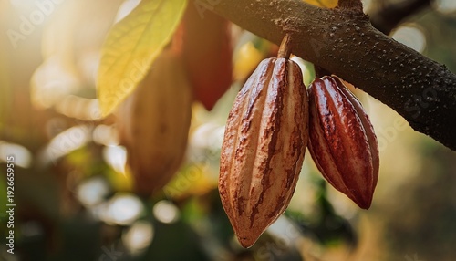 A close-up of cacao pods hanging from a tree branch, glistening under natural sunlight