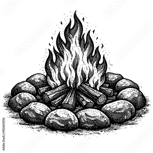 A captivating black and white woodcut illustration of a roaring campfire, featuring logs burning brightly within a rustic stone fire pit. This vintage artwork symbolizes outdoor adventure, camping, wi