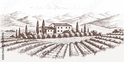 A quaint countryside villa nestled among rolling hills and vineyards