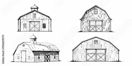 Sketch of four rustic barns with varying architectural details