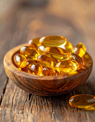 Omega 3 gel pills in small wooden bowl, golden fish oil capsules, health care and wellness concept.