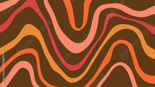 Retro 70s Groovy Waves pattern background in pink, coral, red and orange on dark brown. For banners, web backgrounds, branding and presentation.