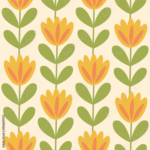 Mid Mod tulip flowers seamless pattern on geometric vines in mustard yellow, orange with green leaves on beige background. For wallpaper, fabric, textile and retro backgrounds