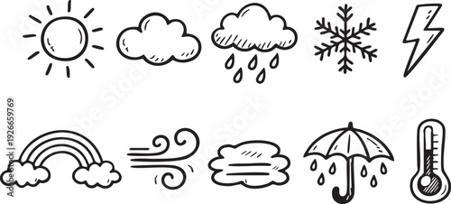 Collection of hand drawn doodle icons representing various common weather conditions like sun rain snow wind storm rainbow and temperature changes.