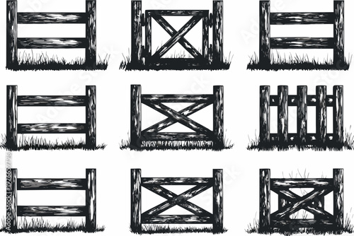 A collection of rustic wooden fence gates in a grid pattern