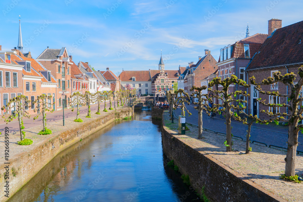 Fototapeta premium Facades of old historic Houses and trees over canal water, Amersfoort, Netherlands