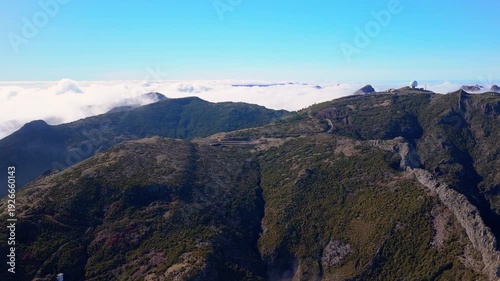 Aerial View of Pico do Arieiro Observatory Above Clouds, Madeira Island Portugal