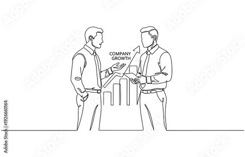 Single continuous line drawing of two young male and female director watching company growth chart on screen tablet.