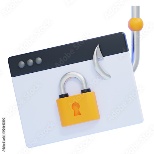 PNG 3D Phishing Attack with Hook and Padlock on Browser Window Icon Isolated on a Transparent Background