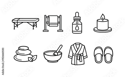 Spa accessories: massage table, towel rack, essential oil bottle, candle, stone set, face mask bowl, robe, slipper