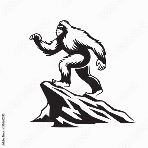 Mythical Yeti Walking Over Jagged Stones Vector Illustration