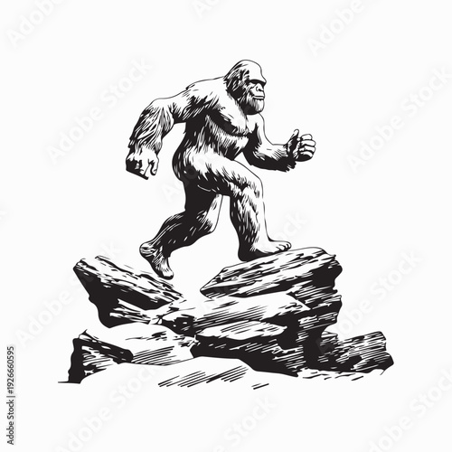 Mythical Yeti Walking Over Jagged Stones Vector Illustration