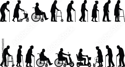 Elderly people silhouettes with walkers, canes, wheelchair and mobility scooter, senior disability assistance black vector illustration isolated on white background
