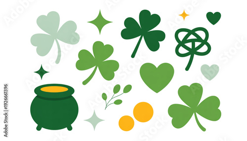 A collection of shamrocks, gold coins, and pots in various shades of green and gold. isolated on transparent background