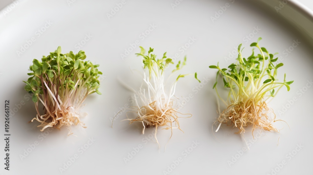 Fototapeta premium Different growth stages of sprouts on a white plate in a kitchen setting